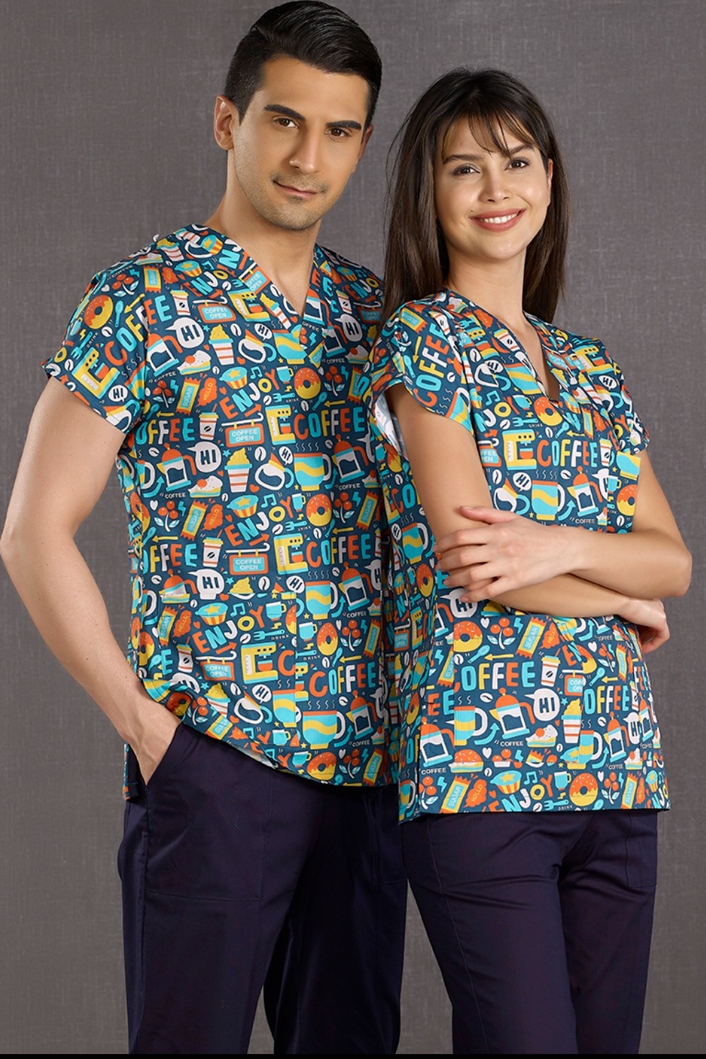 Patterned Woman And Men Scrubs Tops